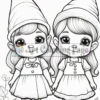 Two cartoon-style characters with big eyes, wearing matching dresses and pointy hats, standing side by side among leaves and flowers.