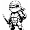 A confident cartoon turtle character holding a sword, wearing a mask and a bandana, styled for coloring.