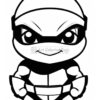 A chibi-style cartoon character resembling a turtle, wearing a mask and superhero outfit, with a confident expression.