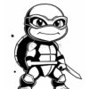 A cartoon turtle character wearing a mask and holding a sword, depicted in a simple black and white coloring style.