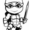 A cartoon-style ninja turtle character with a sword, wearing a mask and armor, smiling confidently.