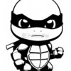 A cartoon character resembling a muscular turtle with a black mask and a determined expression, standing confidently with a clenched fist.