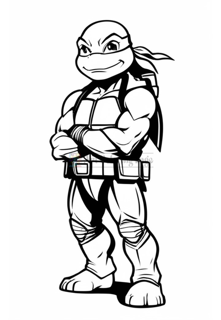 A muscular turtle character with a confident expression, wearing a bandana and a belt, likely representing Michelangelo from Teenage Mutant Ninja Turtles.