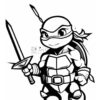 A cartoon turtle character in a ninja outfit, holding a sword, wearing a mask and carrying a shield.