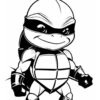 A cartoon turtle character wearing a mask and armor, standing confidently with a determined expression.