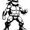 A cartoon illustration of a muscular turtle character with a black bandana and a determined expression, posing confidently.