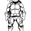 Leonardo, a muscular turtle in a ninja outfit, stands confidently with a bandana and a determined expression.