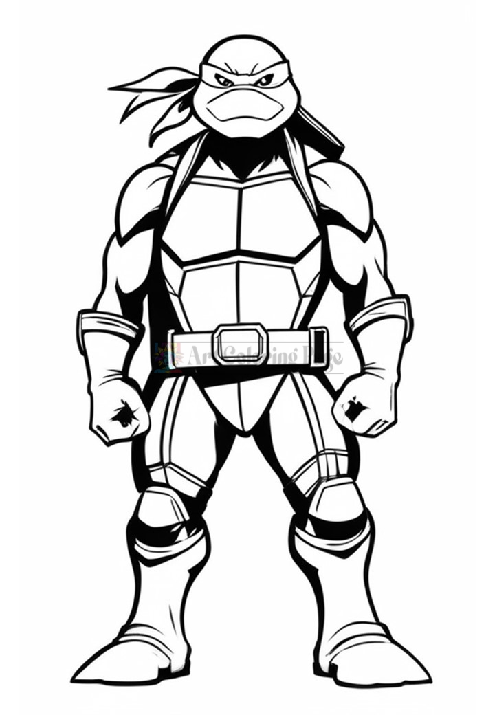 Leonardo, a muscular turtle in a ninja outfit, stands confidently with a bandana and a determined expression.