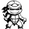A cartoon character resembling a turtle, wearing a mask and holding two sais, likely a Teenage Mutant Ninja Turtle.