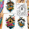 Coloring pages from artcoloringpage.com featuring a cozy coloring book theme, with colorful birdhouses and floral designs.