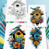 Coloring pages featuring birdhouses with floral designs, ideal for a cozy coloring book; available at artcoloringpage.com.