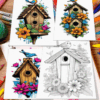 Four coloring pages featuring a flowered birdhouse design, showcasing vibrant colors and a detailed sketch, perfect for a cozy coloring book.