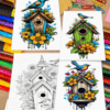 Four illustrated coloring pages featuring birdhouses with flowers, perfect for a cozy coloring book. Ideal for artcoloringpage.com.
