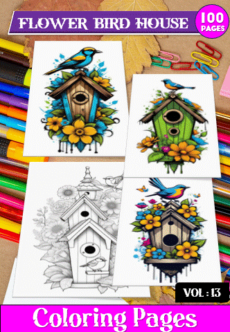 Four illustrated coloring pages featuring birdhouses with flowers, perfect for a cozy coloring book. Ideal for artcoloringpage.com.