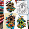 Colorful birdhouse illustrations from a cozy coloring book, with various designs on cozy coloring pages showcasing flowers and birds.