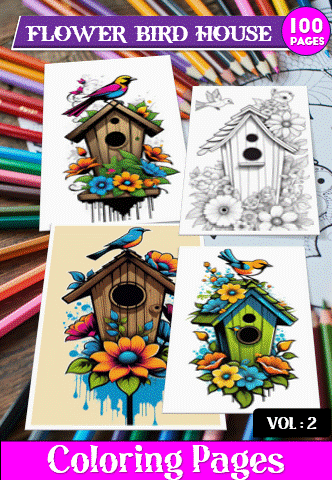 Colorful birdhouse illustrations from a cozy coloring book, with various designs on cozy coloring pages showcasing flowers and birds.