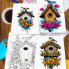 Coloring pages featuring decorative birdhouses adorned with flowers, perfect for a cozy coloring book from artcoloringpage.com.