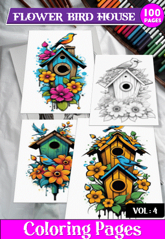 Four colorful birdhouse designs on cozy coloring pages, featuring vibrant flowers and artistic details, from artcoloringpage.com.