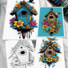 A collection of cozy coloring pages featuring birdhouses adorned with flowers, suitable for artcoloringpage.com.