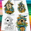 Coloring pages featuring birdhouses and flowers, promoting artcoloringpage.com and cozy coloring book themes.