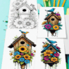 Coloring pages featuring birdhouses adorned with flowers, ideal for a cozy coloring book experience from artcoloringpage.com.