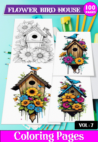 Coloring pages featuring birdhouses adorned with flowers, ideal for a cozy coloring book experience from artcoloringpage.com.