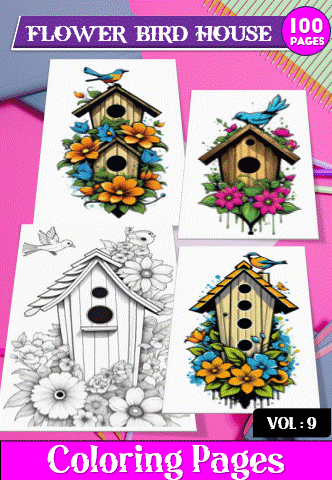 Coloring pages featuring various birdhouses surrounded by flowers, ideal for a cozy coloring book from artcoloringpage.com.