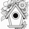 A decorative birdhouse surrounded by various flowers, featuring detailed outlines for coloring.