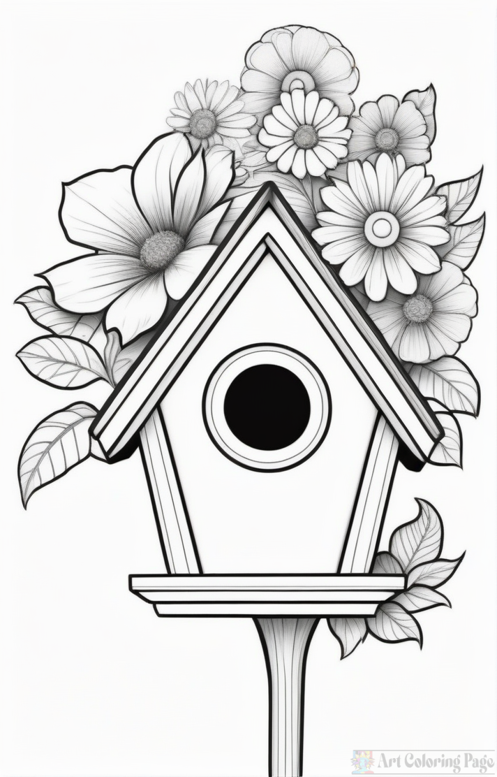 A decorative birdhouse surrounded by various flowers, featuring detailed outlines for coloring.