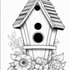 A detailed black and white illustration of a stylized birdhouse surrounded by flowers, featuring three circular openings.