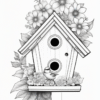 Birdhouse surrounded by flowers and leaves, featuring a small bird perched in front.