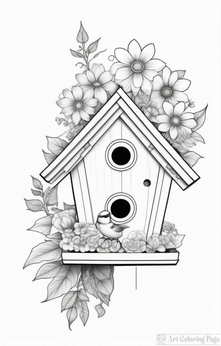 Birdhouse surrounded by flowers and leaves, featuring a small bird perched in front.