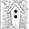 Two small birds sitting on either side of a decorative birdhouse surrounded by flowers and foliage.