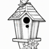 A simple coloring page featuring a birdhouse adorned with flowers and a small bird perched on the roof.