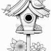 A birdhouse surrounded by flowers, with a bird perched on top and another bird flying nearby.