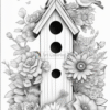 A detailed line drawing of a birdhouse surrounded by flowers, with a bird flying nearby and many smaller birds in the sky.