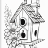 A stylized birdhouse surrounded by flowers and a small bird perched on top, featuring intricate line art for coloring.