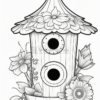 A decorative birdhouse surrounded by flowers, featuring two circular openings and intricate floral designs.
