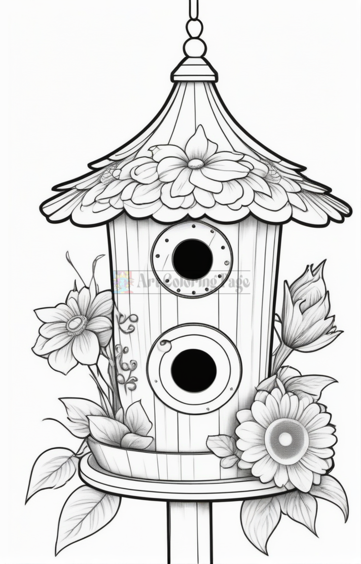 A decorative birdhouse surrounded by flowers, featuring two circular openings and intricate floral designs.