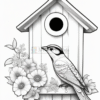 A detailed line drawing of a bird perched on a birdhouse adorned with flowers, set against a plain background.