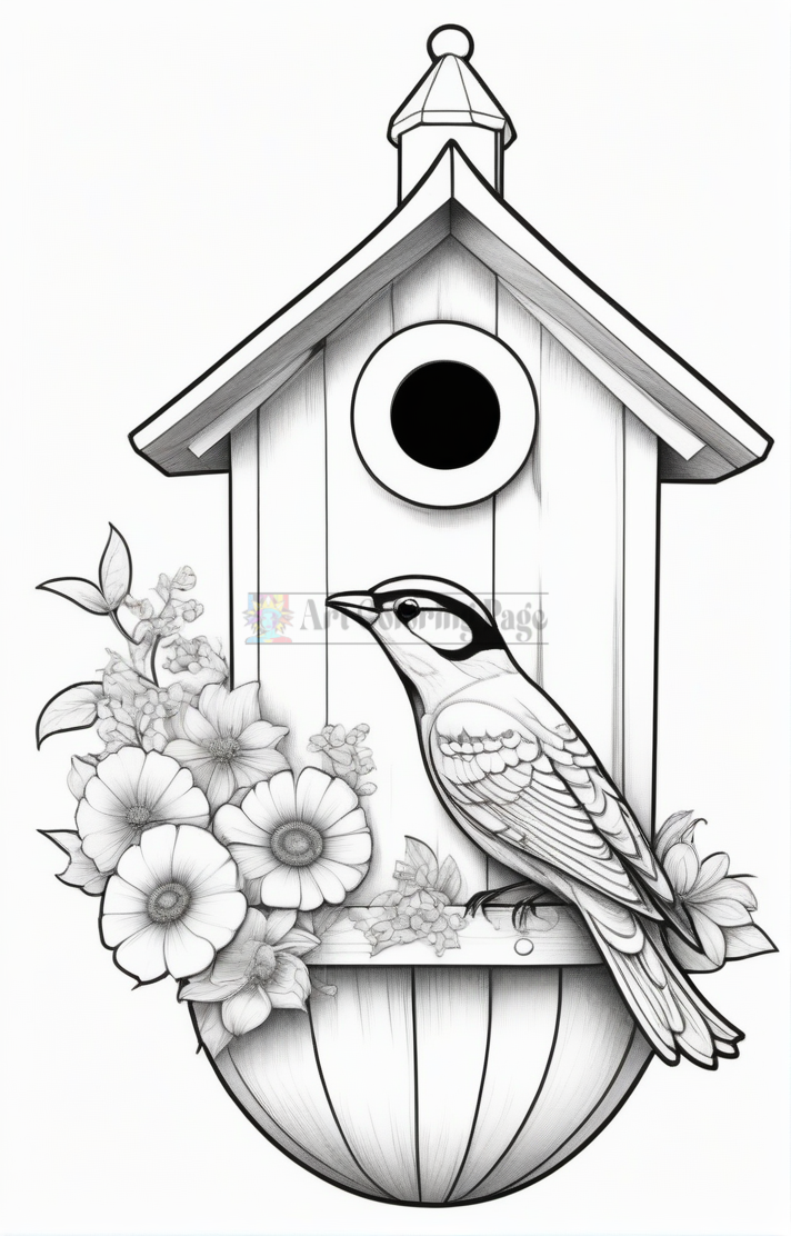 A detailed line drawing of a bird perched on a birdhouse adorned with flowers, set against a plain background.