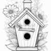 A stylized birdhouse surrounded by flowers and birds, designed for coloring, featuring a wooden texture and multiple flower types.