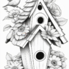 A whimsical birdhouse adorned with flowers, featuring a small bird perched on top, creating a serene garden scene.