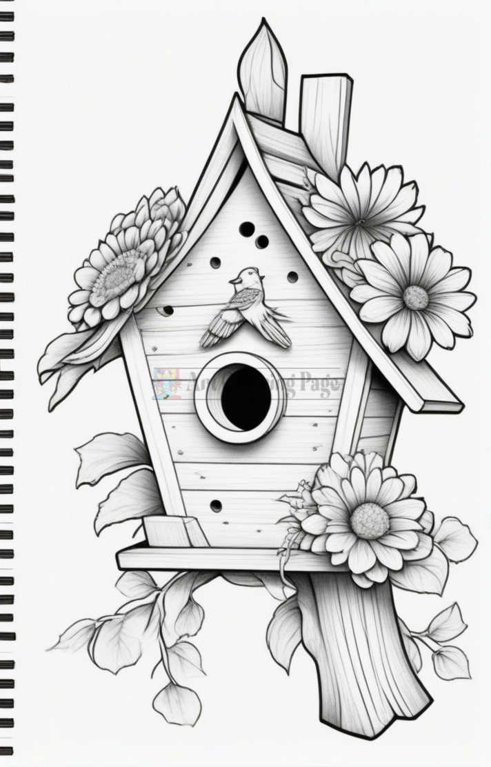 A detailed coloring page of a birdhouse adorned with flowers, featuring a small bird perched on top.
