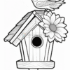 A bird perched on a decorative birdhouse, surrounded by a large flower, in a black and white coloring page design.