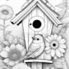 A birdhouse surrounded by flowers, with a small bird perched on top and another bird in front.
