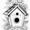 A detailed black and white illustration of a birdhouse surrounded by large flowers and foliage, with a small bird nearby.