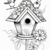 Two cartoon birds sit atop a decorative birdhouse surrounded by flowers, with intricate line art details for coloring.
