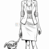 A woman with wild hair in a business outfit stands menacingly, holding a leash attached to a skeletal dog.