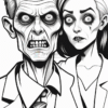 A man with a skeletal face and wide eyes stands beside a woman with a ghostly expression, both in formal attire.